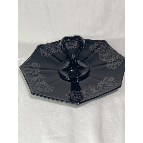 Art Deco Black Amethyst Glass Serving Tray Heart Handle Sterling Silver Design - Picture 2 of 4